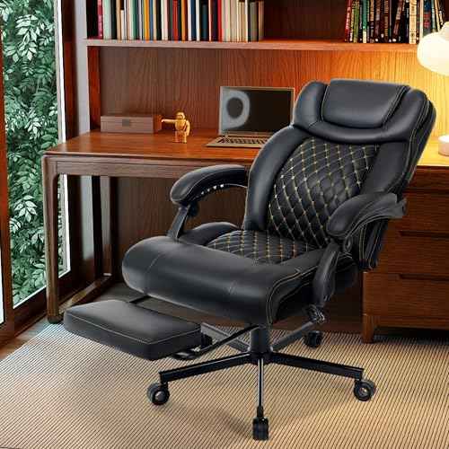 600LBS Big and Tall Office Chair for Heavy People, Reclining Executive Office Chairs with Foot Rest&Air-Adjust Lumbar Support, PU Ergonomic High Back Computer Chair Double Space Casters,Black