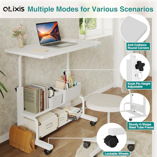 OLIXIS White 32in Rolling Adjustable Desk with Storage Shelves - Home Office
