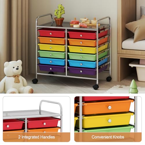 RELAX4LIFE 12-Drawer Rolling Storage Cart, Colorful 24.5'' Mobile Craft Organizer