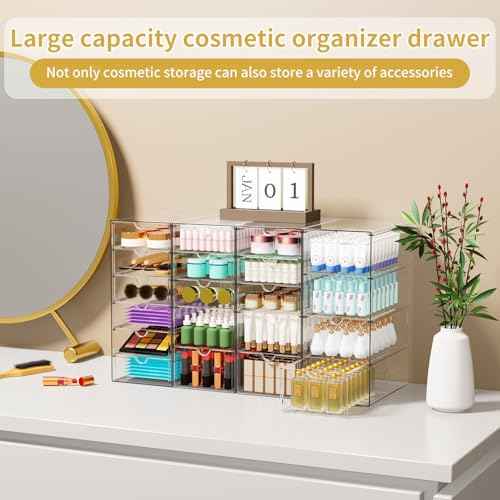 Acrylic Makeup Organizer with 20 Drawers, 4 Set Clear Storage Drawers, Acrylic Drawer Organizer and Storage for Desktop Office Supplies Make Up Pen Hair Accessories