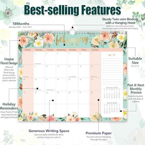 GuassLee Wall Calendar 2026-2027, Calendar Wall 2026, 18-Months Hanging Calendar Jan. 2026 to Jun. 2027, 14" x 11.5" Monthly Planner Wall with Thick Paper for Office School Home Teacher Academic