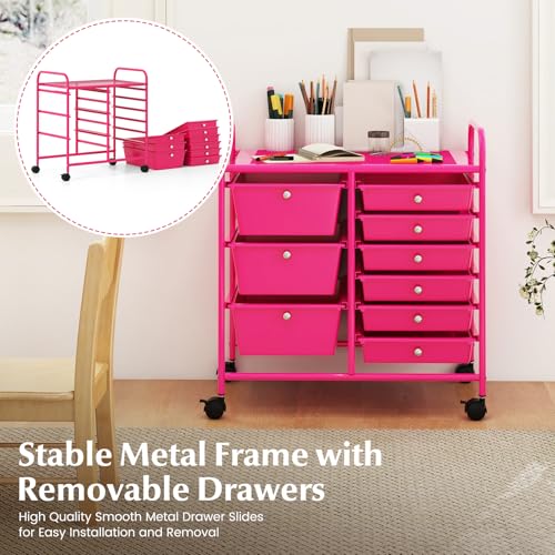 Moccha 9-Drawer Rolling Storage Cart - Hot Pink, 2 Large 3 Small Drawers, Under-Desk Mobile Organizer