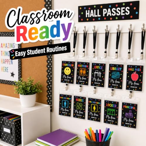 Rainbow Polka Dots Personalized Teacher Hall Pass Set with Cardholder Lanyards
