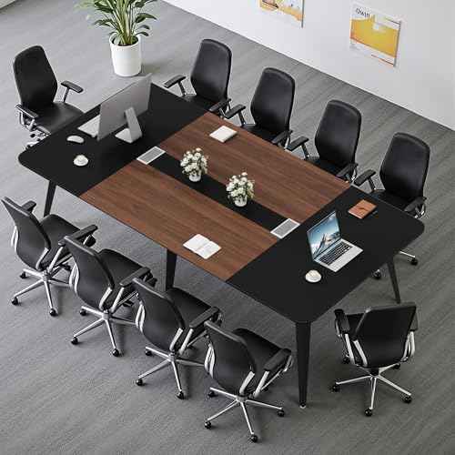 Furmax 8FT Conference Table, 94.48¡± Meeting Seminar Table with Cable Grommets, Boardroom Table Workstation for Meeting Room, Office Conference (Black & Walnut)