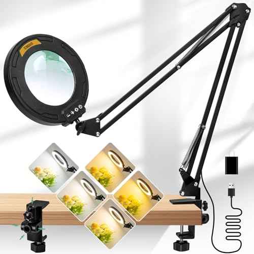 12X Long Arm Magnifying Glass with Light, 5 Color and Brightness LED Desk Lamp with Large Clamp, Hands Free Magnifier Light and Stand for Workbench Crafts Reading Hobby Close Work