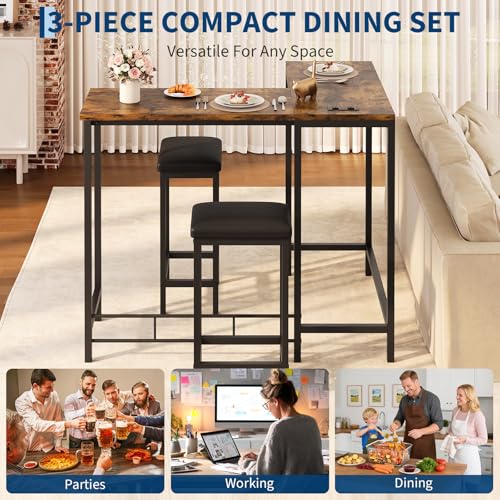 Garvee Rustic 63'' L-Shaped Bar Table 2 Stools Set with Built-in Outlets - Left/Right/Straight Convertible