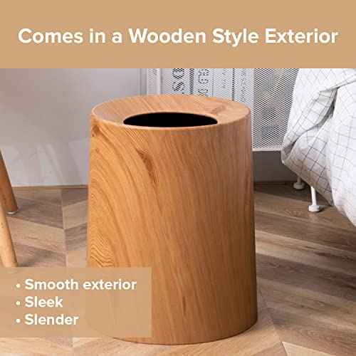 Anti Spill Nordic Wood Grain Look Waste Basket - Kids Pet Proof Garbage Container - Safer & Cleaner Indoor Outdoor Trash Can 3.2Gal - Patio Yard Entry Garbage Can - Round Modern Design 10"x10"x12"