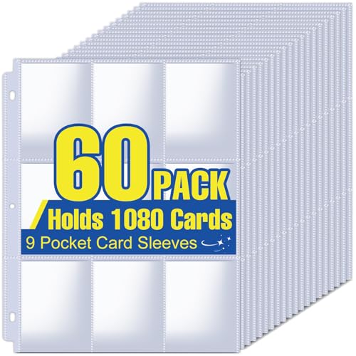 1080 Pockets Card Sleeves Binder Sheets, 9 Pocket Card Sleeves for 3 Ring Binder, Trading Cards Sleeves Fit for Baseball, Football, Game, Business Cards(60 Pages)