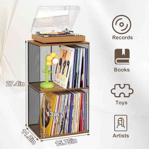 2 Tiers Vinyl Storage Turntable-Compatible Desktop, DIY Stackable Record Crate 100-140 Wooden Cube Storage Organizer Album Record Crates for Vinyl Holder, Non-Detachable