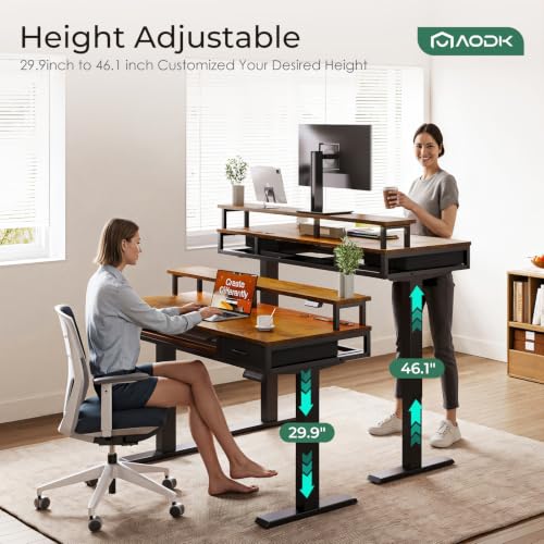 AODK 55 Inch Rustic Brown Standing Desk with Drawers & Keyboard Tray - Adjustable Height