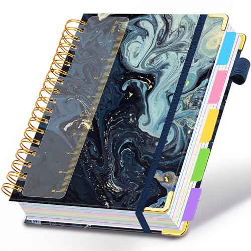 Spiral Journal Notebook for Work, 300 Pages 5 Subject Notebook College Ruled with Dividers & Tabs, 8''x 10'' Large Cute Notebooks Journal for Women Students Note-Taking and Organizer (Navy Marble)