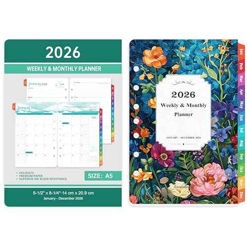 2026 Planner Refills - 7-Hole Punched Planner Refills 2026 with Colorful Tabs, JAN 2026 - DEC 2026, 5.5" x 8.5", A5 Planner Inserts, 2026 Weekly and Monthly Planner Refill with Monthly Pages & Weekly Pages - Dopamine Color