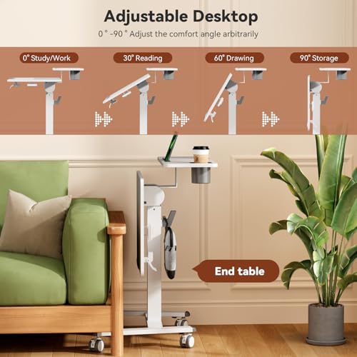 White 28-Inch Mobile Standing Desk with Tiltable Top & 2-Tier Shelves