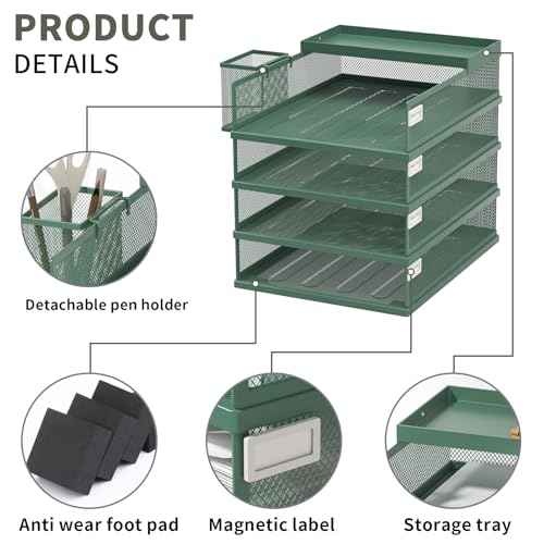 Stackable Letter Trays, 4 Tier Metal Paper Tray & Desk Organizer, Stackable File Trays for Office & Home, Multi-Functional Document Tray with Fine Grid Design & Magnetic Labels,Green