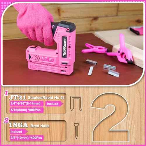 THINKWORK Pink Electric Staple Gun - 2 in 1 Nail Gun Battery Powered with 1000Pcs Staples and Nails, 4V Cordless Upholstery Staple Gun for Wood, Brad Nailer with USB Charger for Carpentry, Crafts, DIY