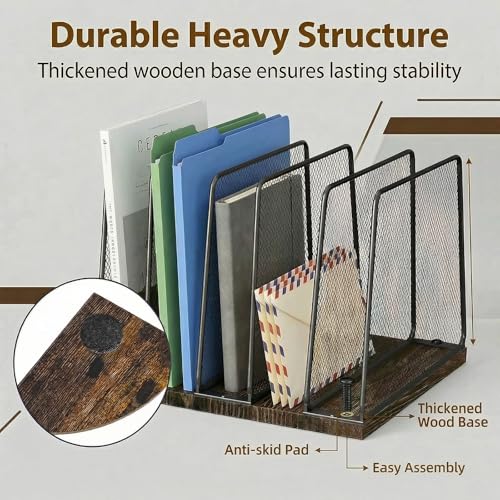 Becomrock Rustic Brown 5-Section Vertical Desk File Organizer with Wooden Base & Metal Mesh