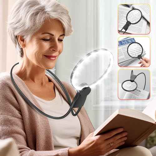 IMICHI Large Magnifier with Light-Hands Free- 5.1 Inch 6X Magnifying Glass Suit for Large Hands/Pursuing a Wide View, Neck-Worn Magnifier for Seniors, Gifts Perfect for Reading, Sewing