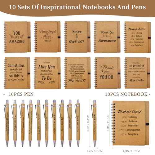 20 Pcs Employee Appreciation Gifts Bulk - 10 Sets of Inspirational Spiral Notebooks with Motivational Pens, Small Notepads for Coworkers, Office Staff, Team, Volunteer, Nurse, Teachers, Thank You Gifts