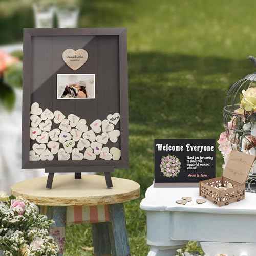 SELEAD Solid Wood Wedding Guest Book Alternative - Rustic Drop Top Picture Frame Sign with Chalkboard, 100pcs Wooden Hearts, Storage Box - Wedding Reception for Party Anniversary Birthday