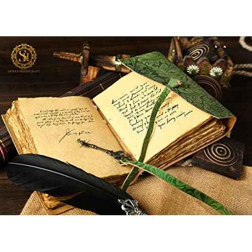 SH SHIFAA HANDICRAFT Leather Journal - Antique Handmade Deckle Edge Vintage Paper Leather Bound Journal - Book of Shadows Journal - Leather Sketchbook - Drawing Journal - Great Gift (Green) (13x10)