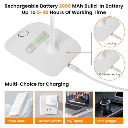 Battery Powered Desk Lamp, Portable Lamps Rechargeable 3 Color Modes Touch Control Stepless Dimming, Wireless Desk Lamp with 2000mAh, Small LED Table Light for Dorm Study Office Bedroom,Black