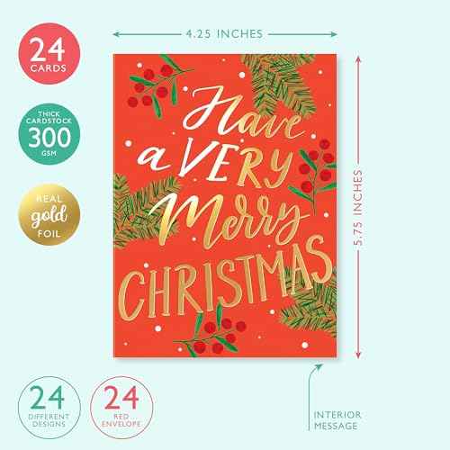 Sweetzer & Orange Holiday Greeting Cards ? Set of 24 Boxed Christmas Cards with Envelopes ? 24 Unique Designs with Gold Foil ? 4.25x5.75 Assorted Holiday Cards ? Red Envelopes