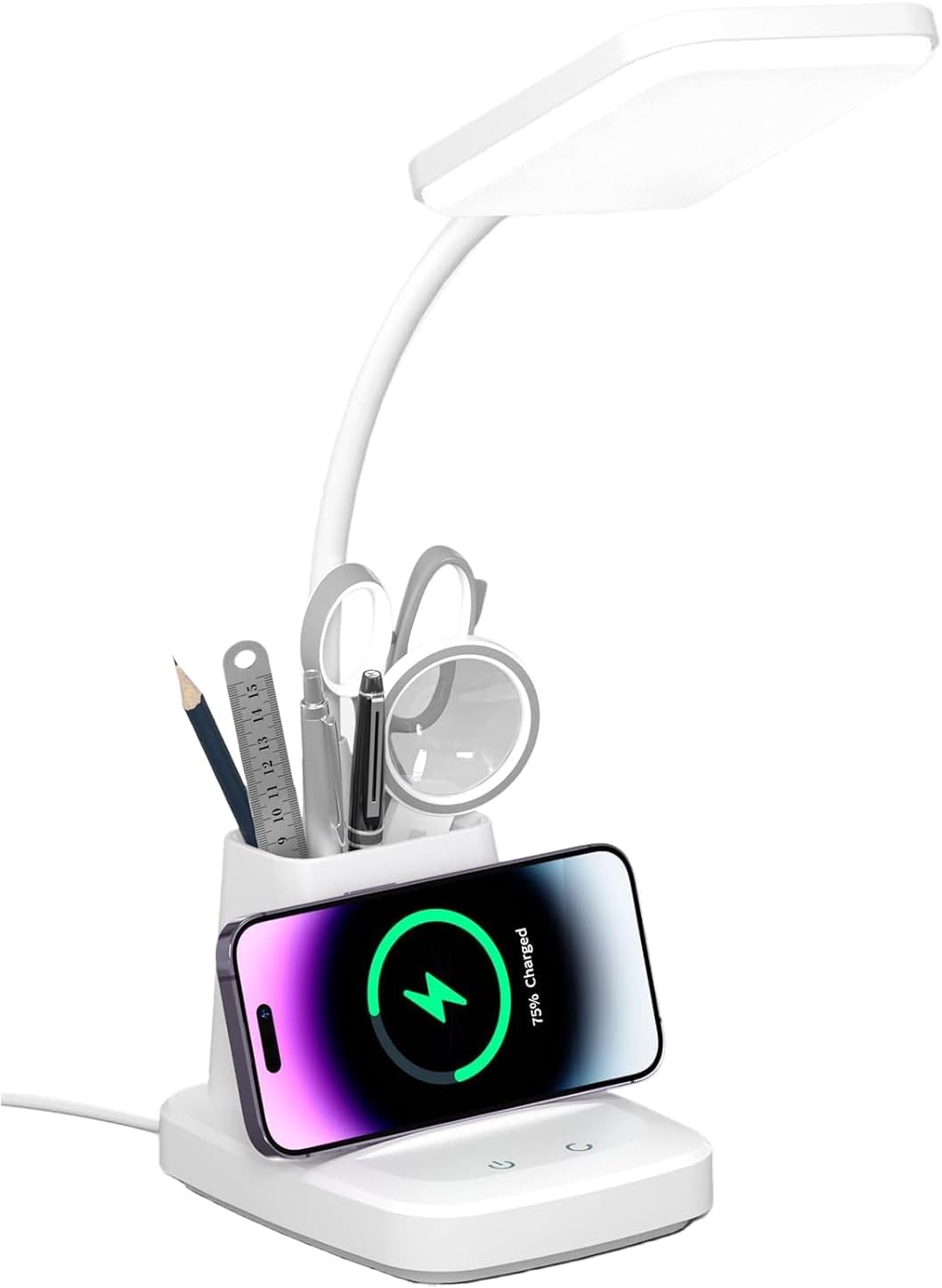 Skiennix LED Desk Lamp with Wireless Charger - 800LM, 3 Color Modes, Flexible Arm & Pen Holder for Home Office