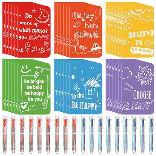 Fulmoon 30 Sets Mini Colorful Inspirational Notebooks for Students with 6 in 1 Multicolor Retractable Ballpoint Pens Happiness Motivational Notepads Journals for Students Class School Prizes Gift Bulk