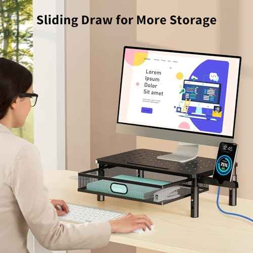 Zimilar 2 Pack Monitor Stand Riser with Metal Drawer, 3 Height Adjustable Monitor Riser with Phone Holder for Printer, Laptop, Premium Metal Computer Monitor Stand with Storage for 2 Monitors