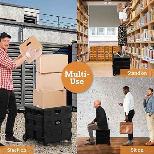 Inspired Living Collapsible Ultra-Slim Pack-N-Roll,2 Wheel Utility Cart w/Lid used as Seat up to 250 Lbs, Telescopic Handle - Super Strong, for Home, Garden, Shopping, Office, School use, Large, Black