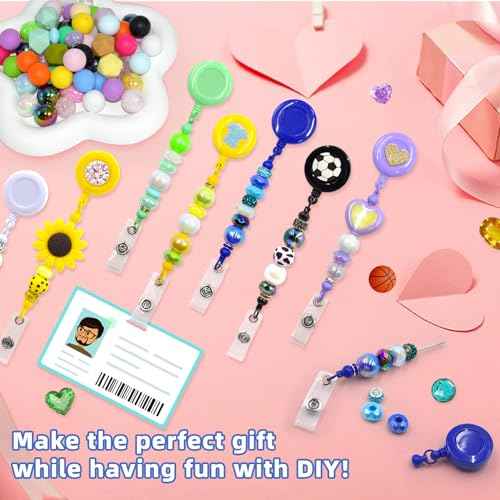 60pcs Colorful Beadable Badge Reels Making Kits - Beaded Blank Bars Bulk - Retractable Badge Reel with Belt Clip for ID Name DIY Gift Beadable Items for Nurses, Teachers, Students, Office, Workers