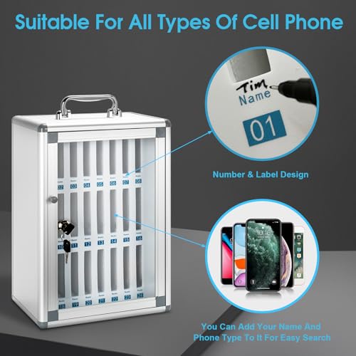 Cell Phone Locker for Classroom, 24 Slots Portable Phone Holder Box, Wall Mount Phone Box with Security Lock, Lightweight Phone Storage Organizer Cabinet, Pocket Chart Storage (Silver)