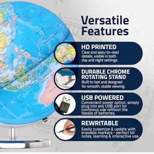 LED Illuminated World Globe with Chrome Rotating Stand ? 3-in-1 Educational Tool for Kids & Adults, Interactive Learning Globe with Constellation Map, Lighted Display, 14 Inch