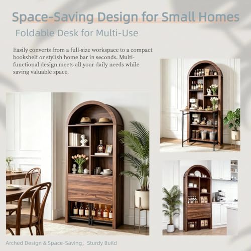 JIJIWANG 70.8-Inch Walnut Arched Folding Desk with Bookcase Storage for Small Spaces
