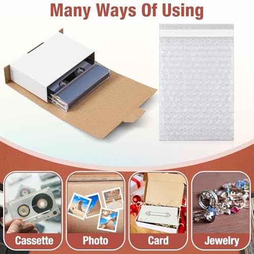 Marspark 50 Pcs Cassette Mailers Cardboard Cassette Boxes with Sealing Bubble Protective Bags, Single Easy-fold Mailers Set, Suitable for Transportation, Storage and Collection(White)