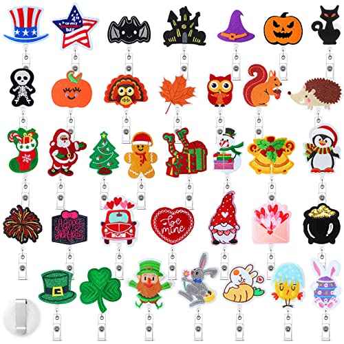PerKoop 36 Pcs Thanksgiving Badge Reels Bulk Retractable Holiday Nurses Badge Holder Seasonal Felt Name ID Nurse Holder with Alligator Clip Fall Thanksgiving Gifts for Teacher Doctor Worker Office
