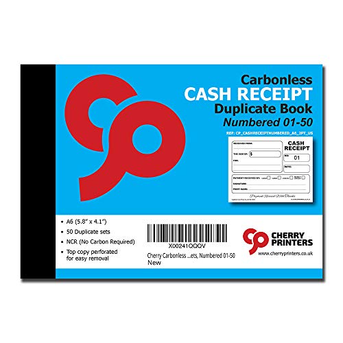Cherry Carbonless 2-Part Cash Receipt Book 01-50, A6 4.1 x 5.8 in with Loose-Leaf Shield