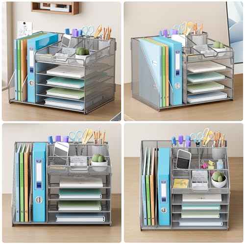 Lavatino 5-Tier Metal Mesh Desk Organizer with 2 File Holders & 7 Customizable Compartments | Paper Letter Tray for Office or Home Desk Storage | Keep Workspace Supplies Neat & Organized, Silver