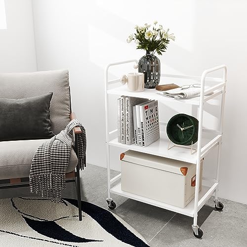 DCLRN 3 Tier Rolling Cart,Storage Organizer Cart,Multifunctional Storage Shelves,Rolling Metal Organization Cart with Handle and Lockable Wheels,for Home,Office,Kitchen,Bathroom(White)