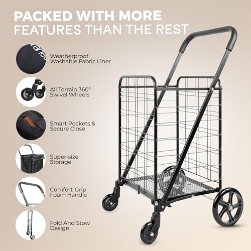 SereneLife Large Folding Utility Shopping Cart with Removable Liner – Black, 110 lb