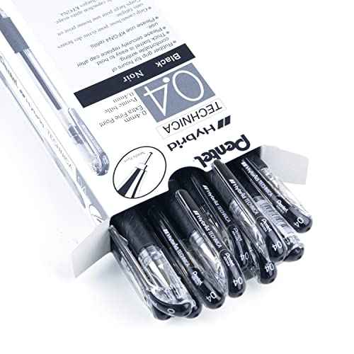 Pentel Arts Hybrid Technica 0.4 mm Pen, Ultra Fine Point, Black Ink, Box of 12 (KN104-A)