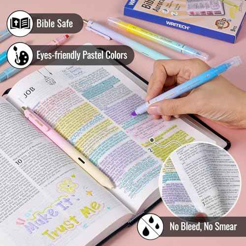 WRITECH Bible Mate Journaling Set: No Bleed Aesthetic Highlighters & 1.0 mm Black Ballpoint Pens, Bible Safe Dual Tip Highlighters, Pastel Colors, Fast-drying Ink, Journaling Kit, 9ct