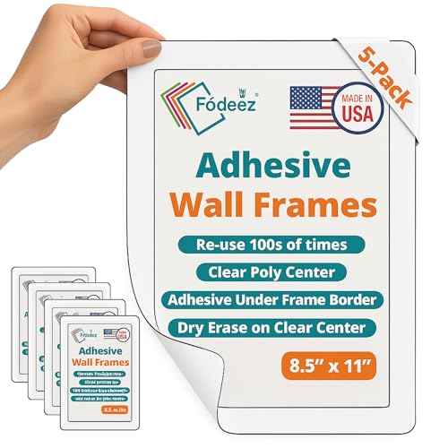 8.5 x 11 Adhesive Wall Frames - Peel & Stick Picture Frames, Wall Sign Holder, Paper Protector Sheets, Certificate Holders, Reusable Picture Frame, Dry Erase, Non Magnetic - White, Pack of 5