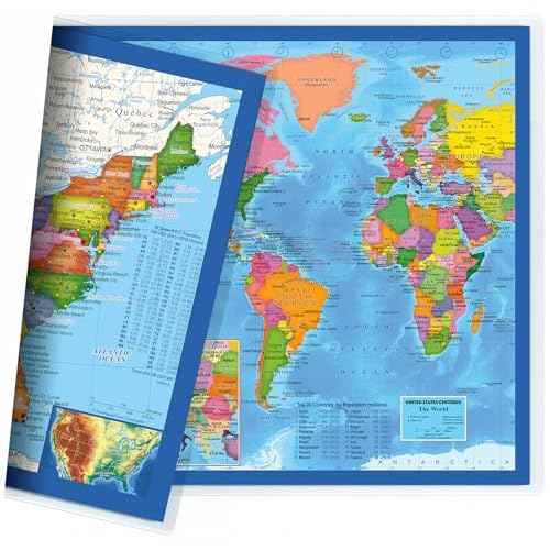 2-Sided Desk Map with Durable Lamination (1 Pack : US & US Centered World 17.5 x 11.5 inches)