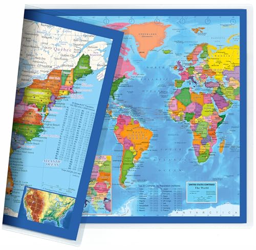 2-Sided Desk Map with Durable Lamination - US & US Centered World Map, 17.5 x 11.5 inches - NewSpaceView (Variation: US Map / US Centered World Map)