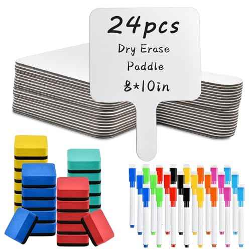 24 Pcs Dry Erase Answer Paddle, 10 x 8 Inch Auction Paddles with Markers and Erasers, Handheld White Board with Handle for Teaching Meeting Bidding Voting Games (Double Sided)