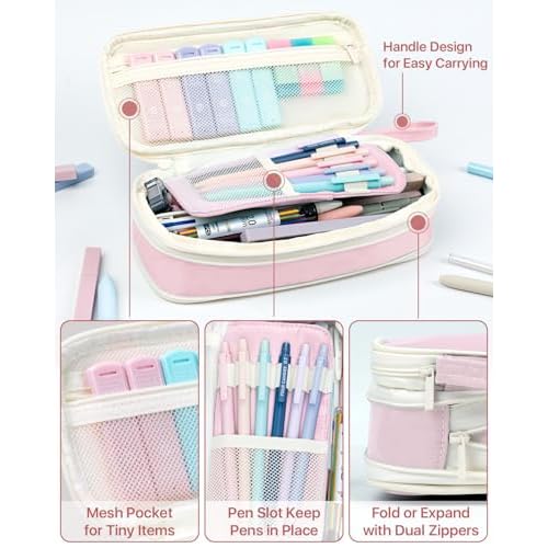 Four Candies 56 PCS Aesthetic School Supplies with Cute Pencil Case, 6 Multicolor Pen, 12 Pastel Highlighters, 5 Gel Pens Black Ink, 9 Mechanical Pencils for Student Stationary Set Preppy Stuff (Pink)