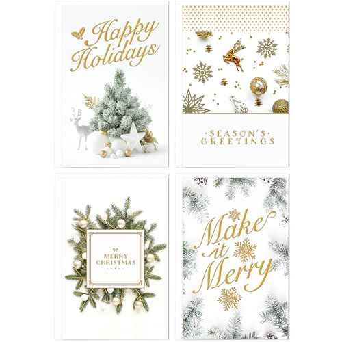 easykart labels Boxed Christmas Cards Assortment, White and Gold (48 Cards and 48 Envelopes) 6.75 x 4.5 Inch with Seal Stickers