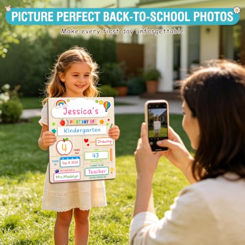 First Day of School Sign Board with 6 Markers - Reusable Wooden Chalkboard for Kids, Kindergarten & Preschool