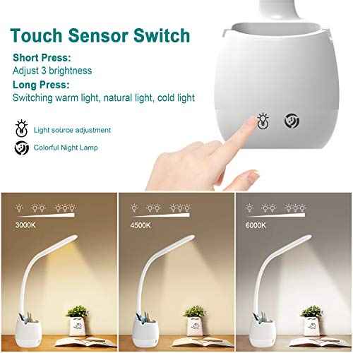 ERAY Rechargeable Battery Operated Lamp with 3 Color Modes/8 Colors Night Light/Pen Holder, Kids LED Desk Table Lamp for Home Office Dorm Reading Studying, Eye Caring, Ideal Gifts, Adapter Included